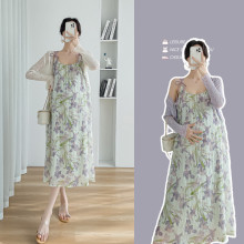 孕妇连衣裙夏装洋气时尚压褶碎花森系吊带裙夏天雪纺时髦上衣两件