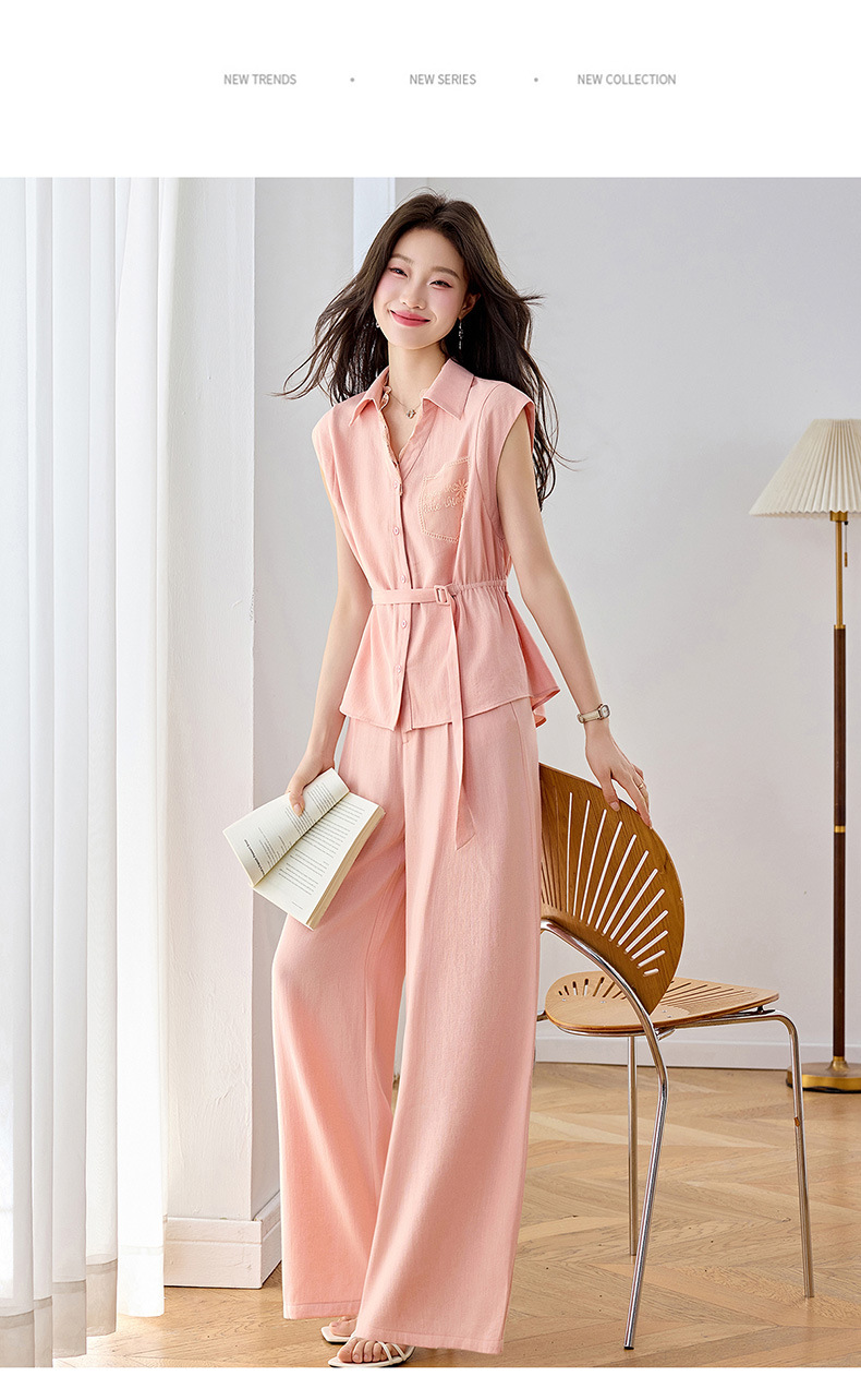 Bộ quần áo nữ mùa hè cao cấp gồm áo sơ mi dây rút và quần ống rộng — Xám gạo, Màu hồng chi tiết 17