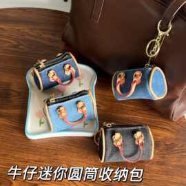 新款牛仔圆筒包迷你小手提包复古口红零钱收纳包夏季百搭挂件包包