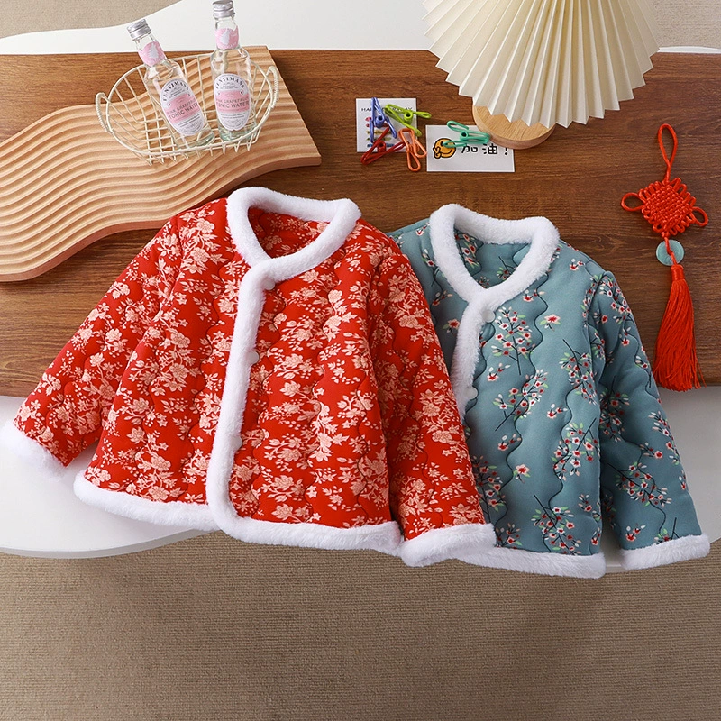 Детская новогодняя одежда, для младенцев и малышей, трехслойная стеганая утолщенная куртка в этническом стиле с крупным цветком, верхняя одежда для девочек, топы в иностранном стиле.