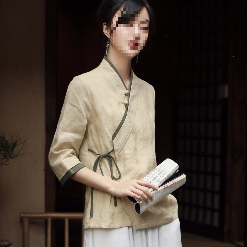 茶職人服中華民国スタイル禅女性服茶トップ中国チャイナドレス唐スーツトップ茶服夏|undefined
