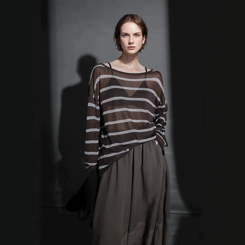 Slightly Translucent and Hazy Feel, New Style Loose Casual Soft Round Neck Drop Shoulder Long Sleeve Striped Knit Shirt T-Shirt Cover-Up Slightly Translucent and Hazy Feel, New Style Loose Casual Soft Round Neck Drop Shoulder Long Sleeve Striped Knit Shirt T-Shirt Cover-Up