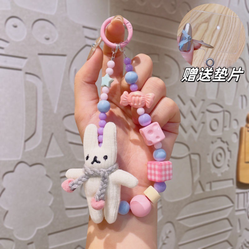 手工毛线编织小兔子手机壳挂绳萌粒串珠钥匙扣包包小挂件相机装饰|undefined
