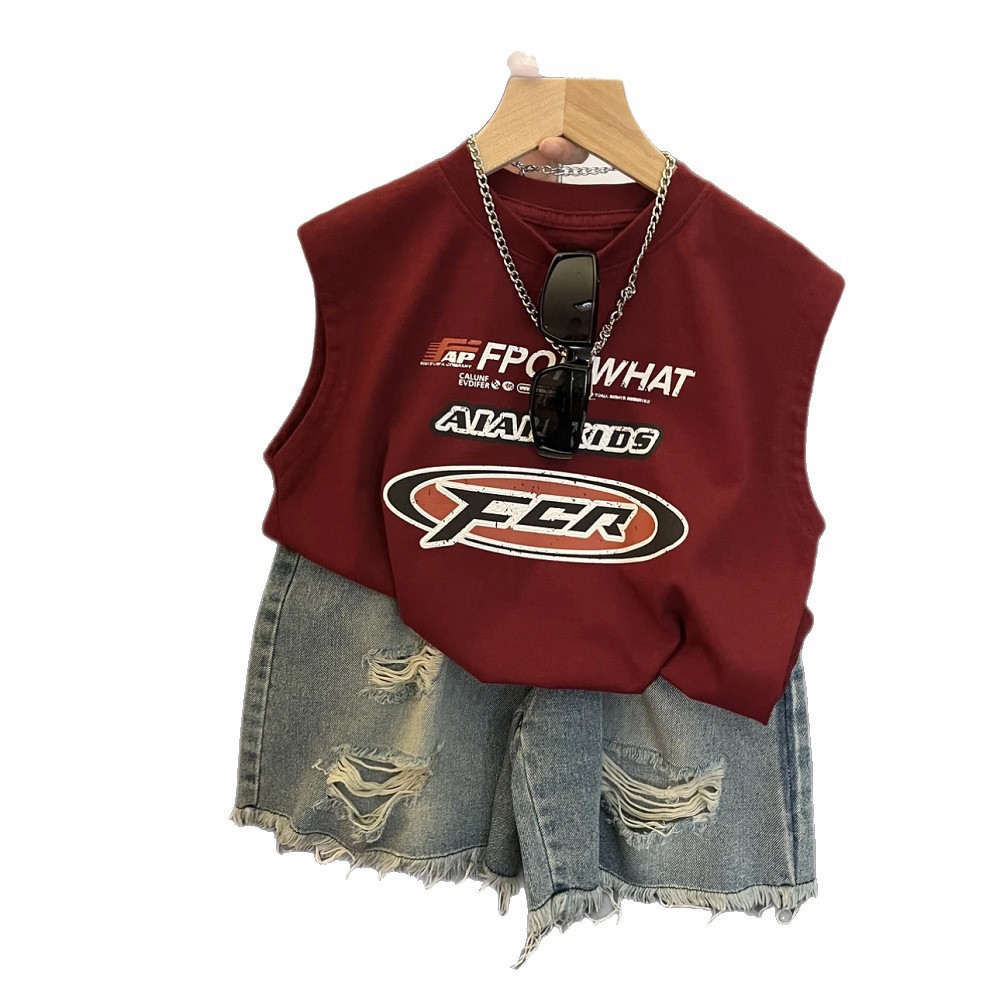 Camiseta de verano para niños guapo, chaleco de cuello redondo, estilo de moda suelto, letras de estilo extranjero, camisa de base de algodón sin mangas