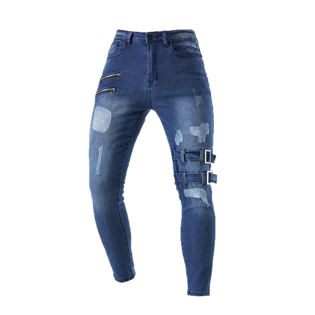 Jeans da uomo neri strappati e usurati, elasticizzati, vestibilità slim, casual, affusolati, vestibilità affusolata che valorizza la figura._voghion.com