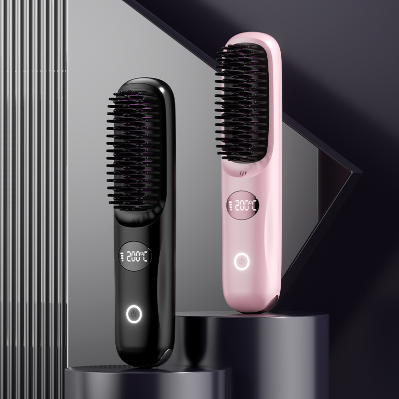 2025 新しい液晶 USB 充電セラミック加熱コームストレートヘアケアヘアアイロンワイヤレスポータブル縮毛矯正コーム|undefined