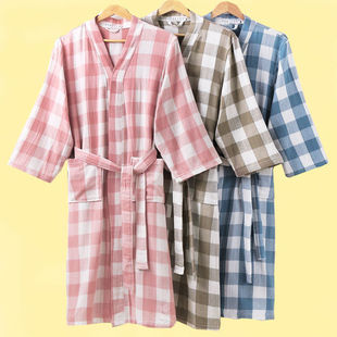 Pure Cotton Double-Layer Gauze Thin Bathrobe for Bathing, Summer Long Wearable Bathrobe for Couples, Spring, Summer and Autumn Absorbent Men's and Women's Nightgown