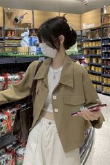 复古短款长袖小西服外套女春季2025新款薄款polo领长袖开衫上衣女