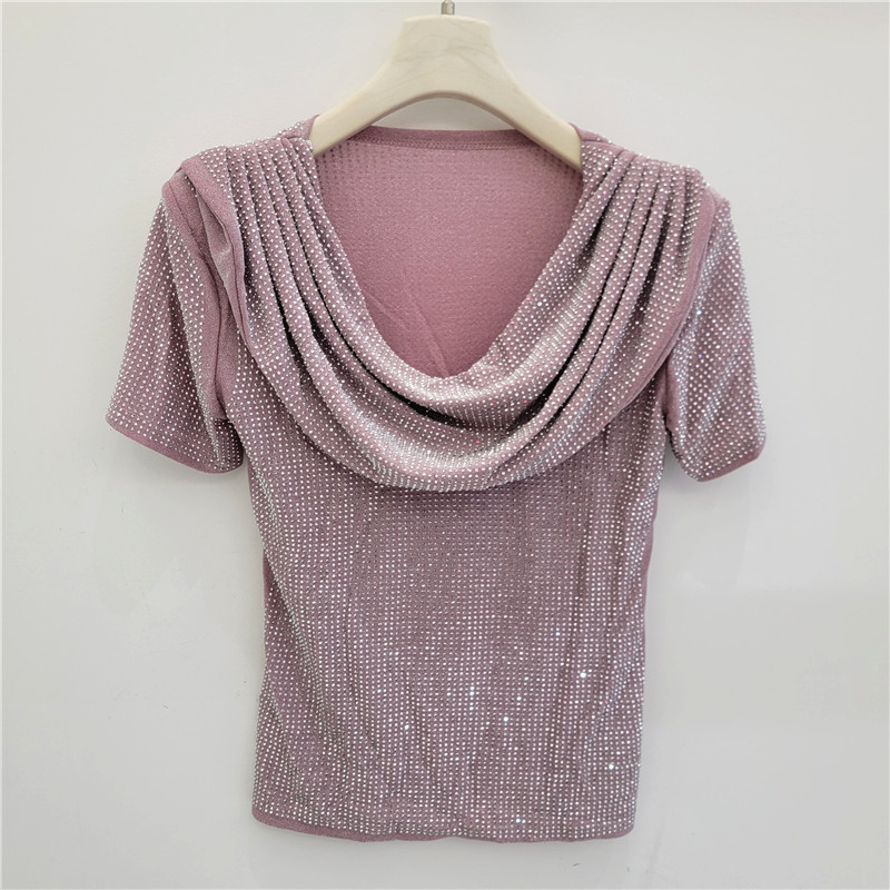 Ingeniería pesada caliente taladro camiseta de mangas cortas mujeres 2026 primavera y verano nuevo diseño un cuello plegado camiseta corta image 2