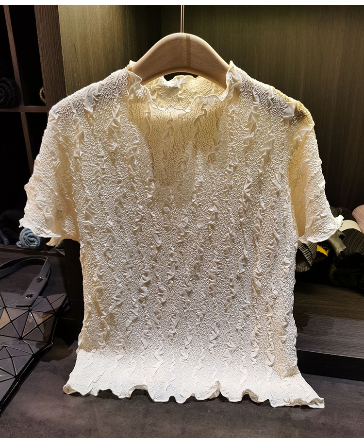 Áo thun nữ tay ngắn cổ tròn phối ren hoa nổi cao cấp — màu đen, Xanh lá cây nhạtcolor, màu tím nhạt, màu mơ chi tiết 5