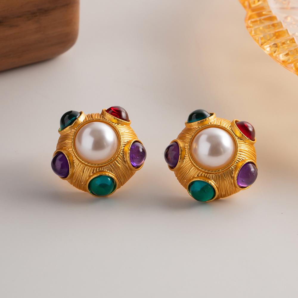 Vintage Style Geometric Copper Inlay Artificial Pearls Ear Studs 1 Pair