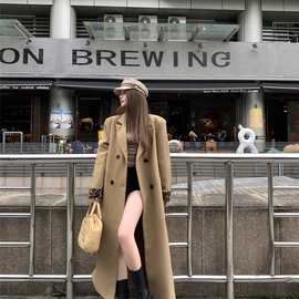 2025新款高级感卡其色翻领毛呢大衣女装秋冬纯色简约双排扣长外套