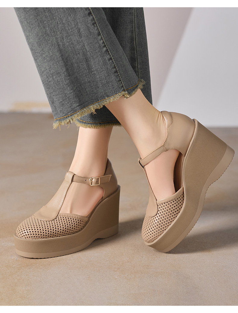 Sandal cao gót nữ đế dày 9.5 cm quai khóa chữ T phong cách tổ chim — màu trắng ngà chi tiết 1