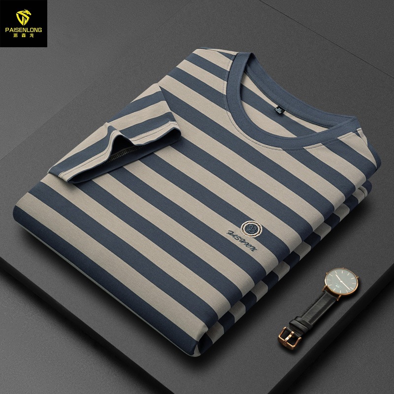 Cross-Border Supply of Summer Striped Round-Neck Short-Sleeved Men's T-Shirts, Middle-Aged Pullover Men's Short-Sleeved T-Shirts in Stock Wholesale