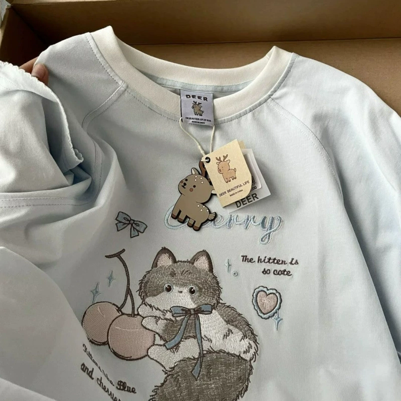 Рубашка с короткими рукавами из чистого хлопка/хлопка/хлопка/хлопка/хлопка/хлопка/хлопка с вышивкой котенка для женщин, летняя новая милая и милая кошка