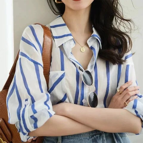 Retro versatile loose striped shirt 2025 spring and summer new design sense temperament sun protection top for women thin model