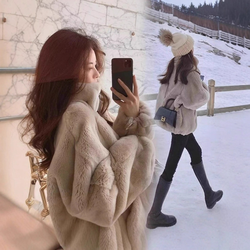 Korean Style Imitation Fur Jacket for Women in Autumn and Winter, Loose Imitation Rex Rabbit Fur Fleece-Lined and Thickeneded Stand-Up Collar Zipper Sweatshirt, Plush and Versatile