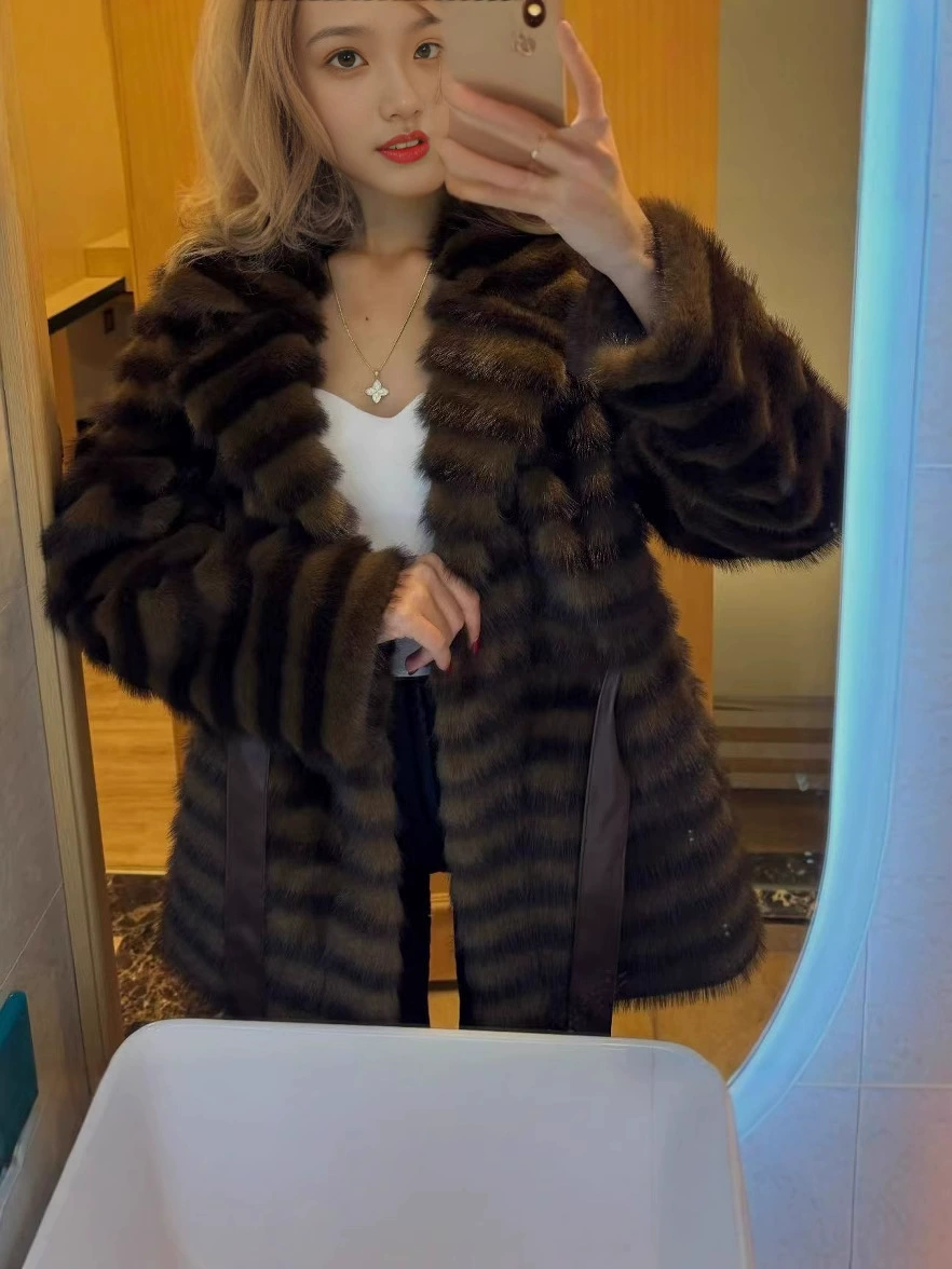 Faux‑mink integrated fur coat, mid‑length with collar, eco‑friendly design