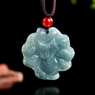 Natural A Jade Blue Water Fox Fairy Nine-Tail Fox Pendant Waxy Jade Pendant Flower Piece for Men and Women Sihui Jade