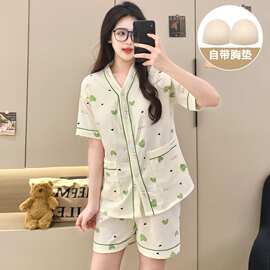 可爱风纯棉睡衣女夏季短袖短裤薄款开衫带胸垫家居服套装可外穿