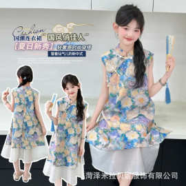 中大童女童旗袍连衣裙童装新中式国风夏季薄款小女孩儿童国风旗袍