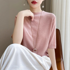 半高领天丝针织中袖T恤女修身显瘦初秋新款莱赛尔五分袖内搭打底