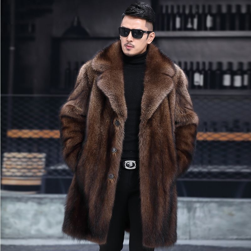 Haining Mink Fur Coat Men's Autumn and Winter New Thickened Long Deerskin Men's Faux Fur Casual Coat