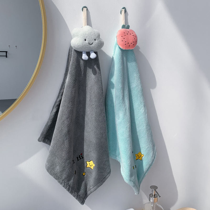 厚手のコーラルベルベット人形型ハンドタオル、壁掛け吸水タオル、かわいいハンカチ、刺繍入りハンドタオル、正方形タオル|undefined