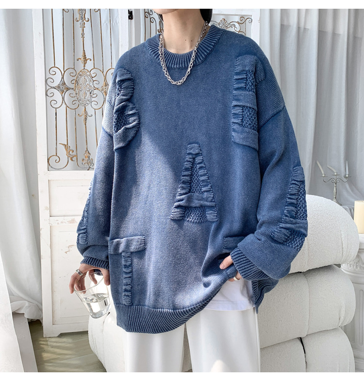 Men's Oversized Knit Sweater Round Neck Streetwear Pullover_voghion.com