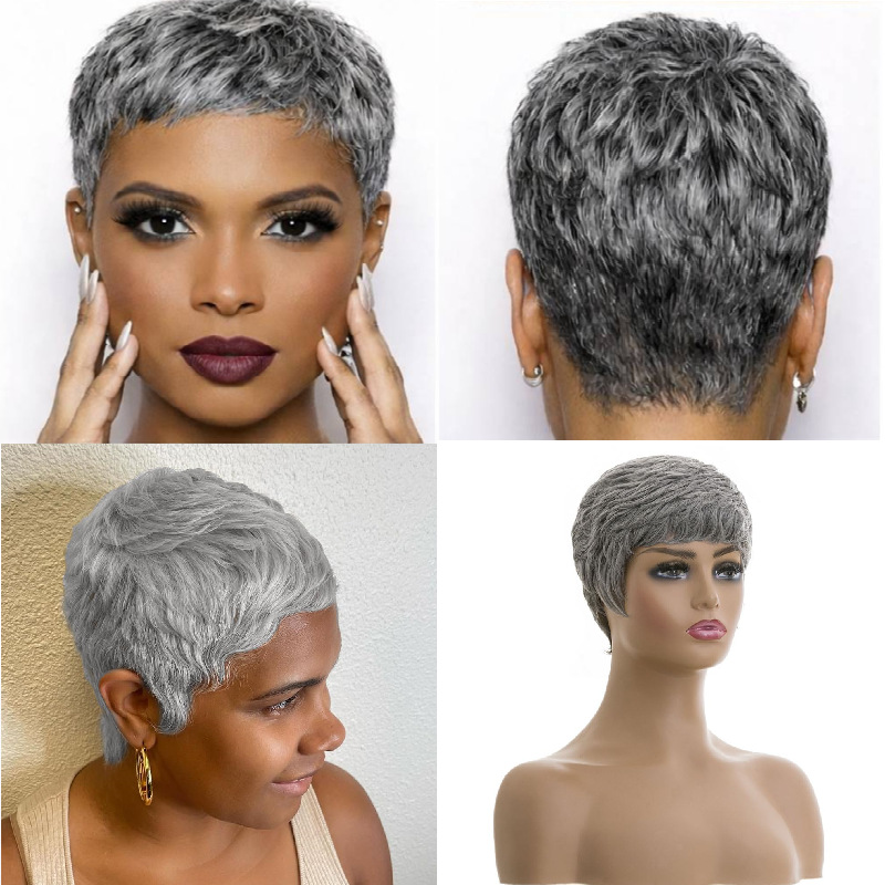 European and American Style Real Human Hair Full Wigs, Short Style, Gray and Granny Gray Colors, Direct Supply from Cross-Border E-Commerce Manufacturers, in Stock
