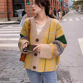 2021早秋撞色开衫古着毛衣女宽松复古港味慵懒风针织外套春秋女潮