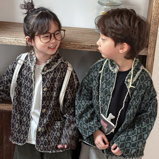 Jiaye Children's 2025 Boys Spring New Style Vertical Collar Fur-edged Jacket Coat Baby Girl Mori Style Vintage Flower Suit