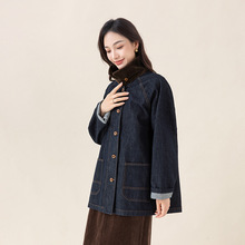 忆霏丹宁蓝复古牛仔外套女秋季新款拼接灯芯绒撞色翻领中长款上衣