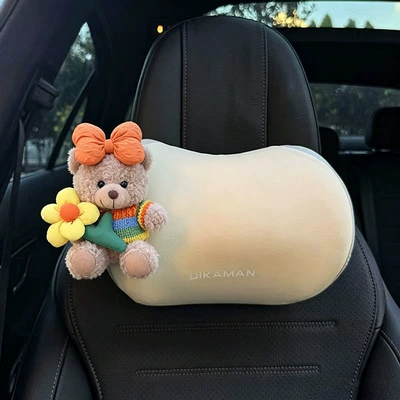Lumbar Support, In-Car Backrest Cushion, Headrest - orange-tie-with-yellow-flowers-and-rainbow-clothes-brown-bear-zuomi-neck-pillow