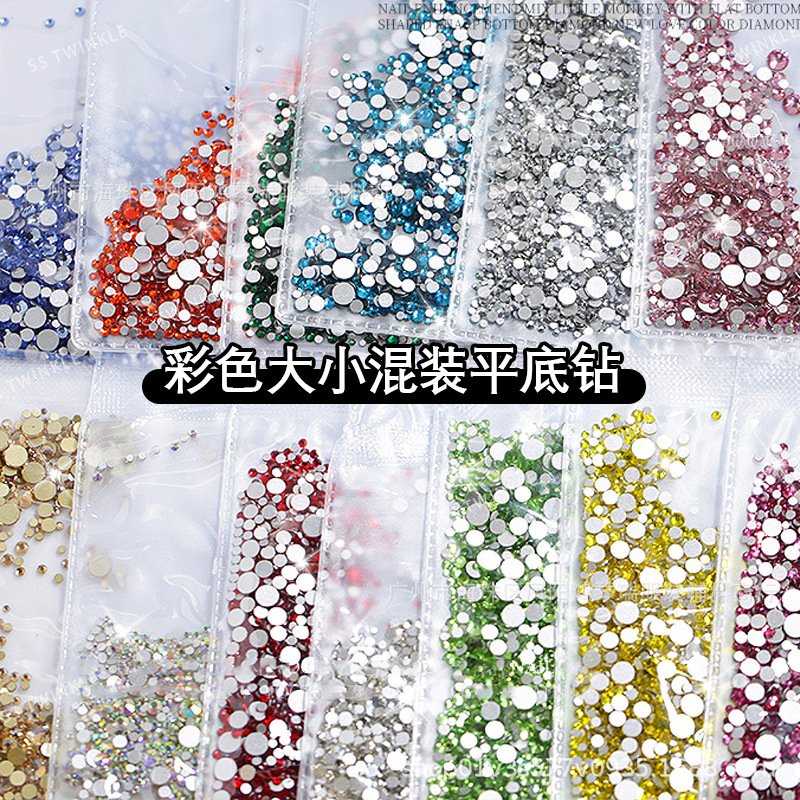 Net red color flat small round drill nail decoration size mixed glass rhinestone 1440 nail jewelry wholesale