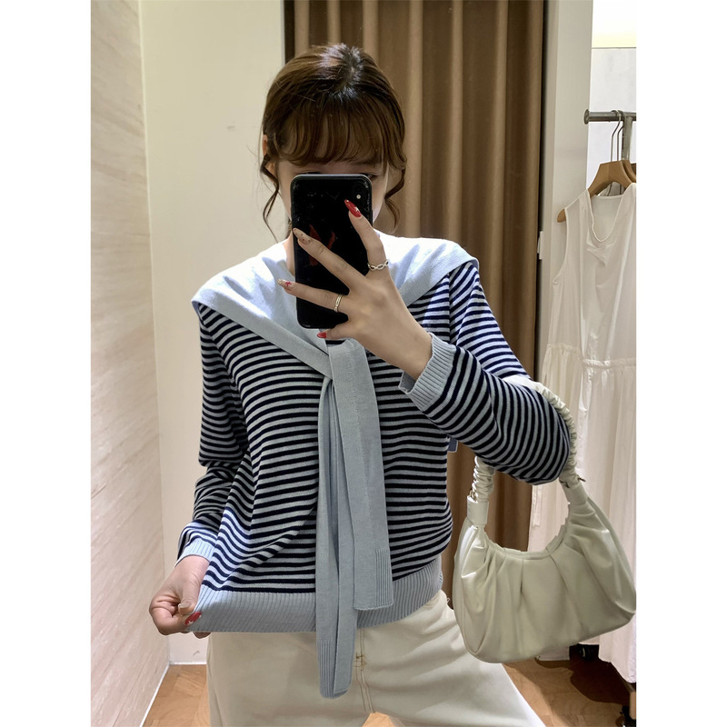 韩女穿搭！秋季新气质百搭真两件羊毛混纺软糯条纹针织毛衣披肩女|undefined