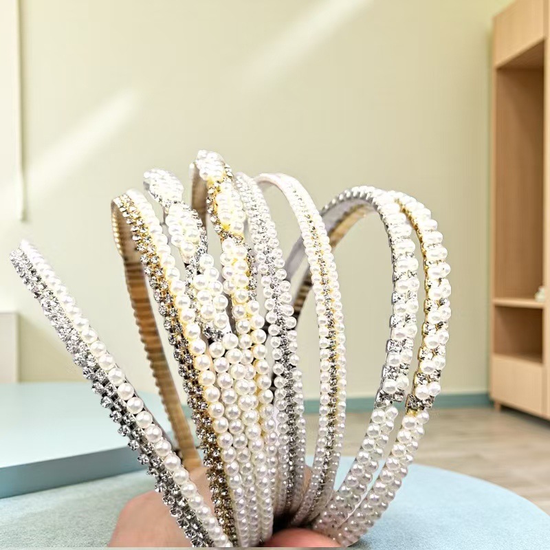 New Fairy-Like Hairband Korean Version Internet Celebrity Pearl Hair Accessory 2025 Hair Accessory for Bangs and Hair, Diamond Double-Layer Headband Style