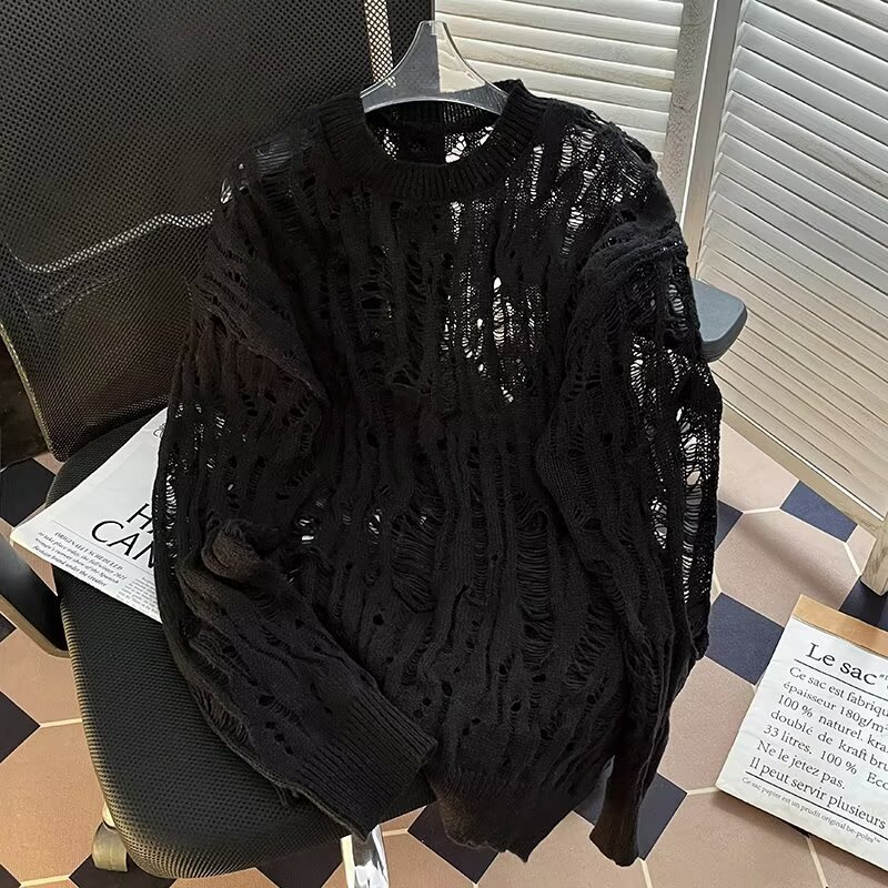 Niche Design Sense Hollow-out Pullover Sweater Men's Loose Casual All-match Lazy Style Hole Knitted Blouse Top