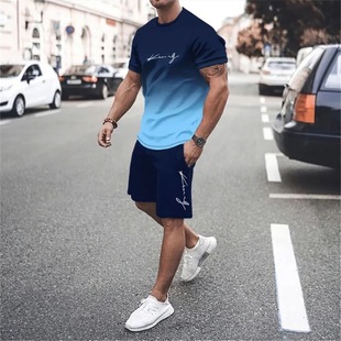 2024 Summer Gradient Short-sleeved Shorts suit 3D Digital Printing Simple Letter Gradient T-shirt Two-piece Set for Men