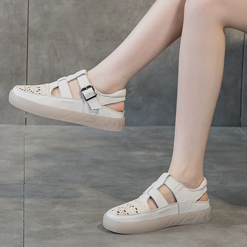 Новые римские сандалии, летние женские туфли из натуральной кожи с покрытием сверху, удобная материнская обувь на мягкой подошве, обувь на свиной клетке с пряжкой, говяжьей подошвой