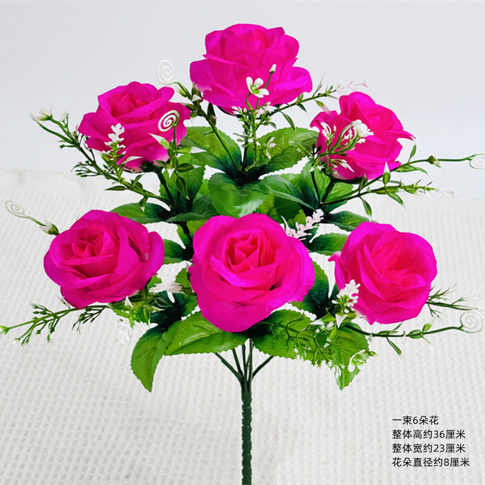 Flores de simulación 6 flores de reunión flores falsas decoración de la habitación de flores de plástico sala de estar mesa decoración ramo de rosas