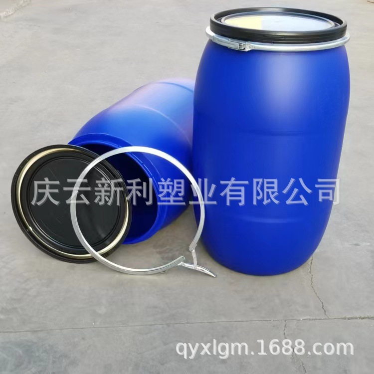 蓝色200L开口塑料桶200升大口塑料桶 带铁箍塑料桶 卡子包箍桶