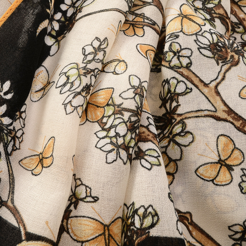 Japonés y coreano dulce mariposa flor rama decoración algodón y lino sensación bufanda de seda artística todo partido bufanda Vacaciones Viajes protector solar chal