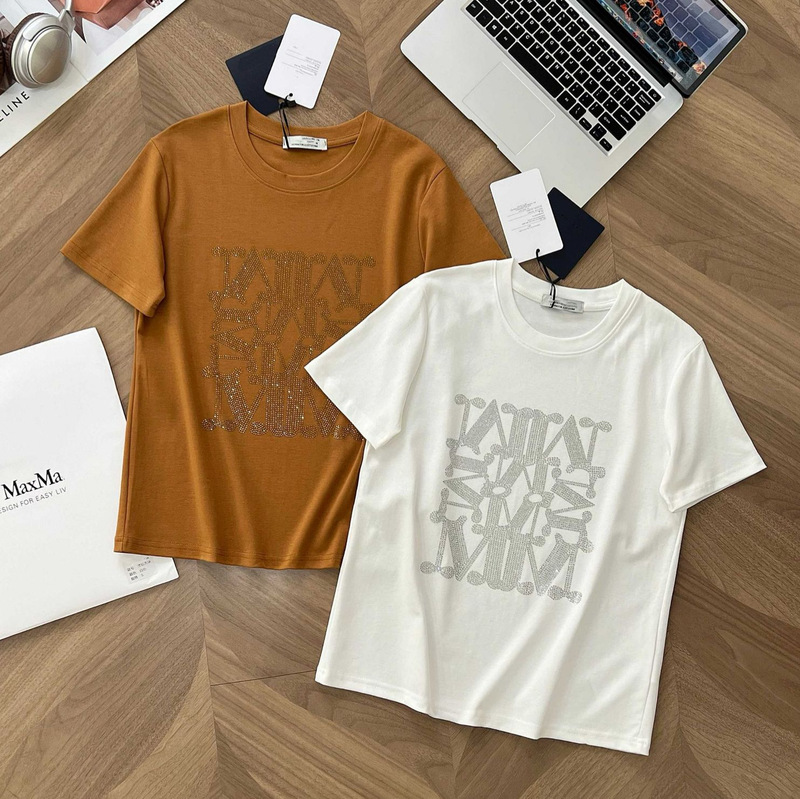 High-End Max 26S New Model Heavy-Duty Rhinestone Women's Short-Sleeve Luxury Summer Cotton T-Shirt Versatile for Commuting