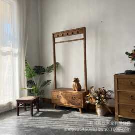 老榆木落地衣帽架多功能实木家具换鞋凳一体组合玄关收纳柜挂衣架