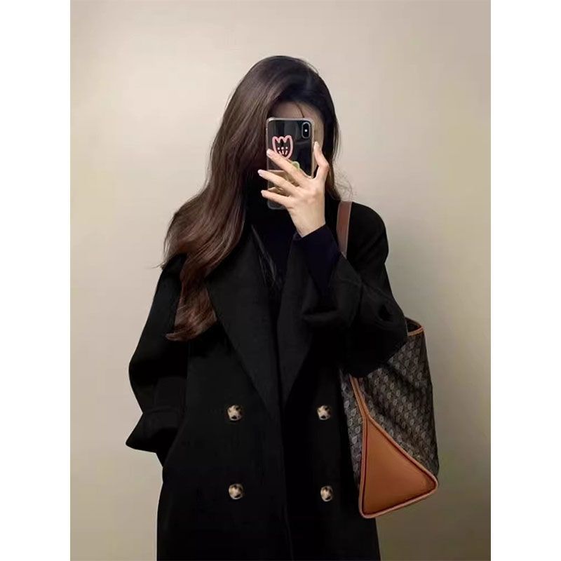 燕麦色高级感爆款毛呢外套女秋冬韩系中长款慵懒过膝呢子大衣ins|undefined