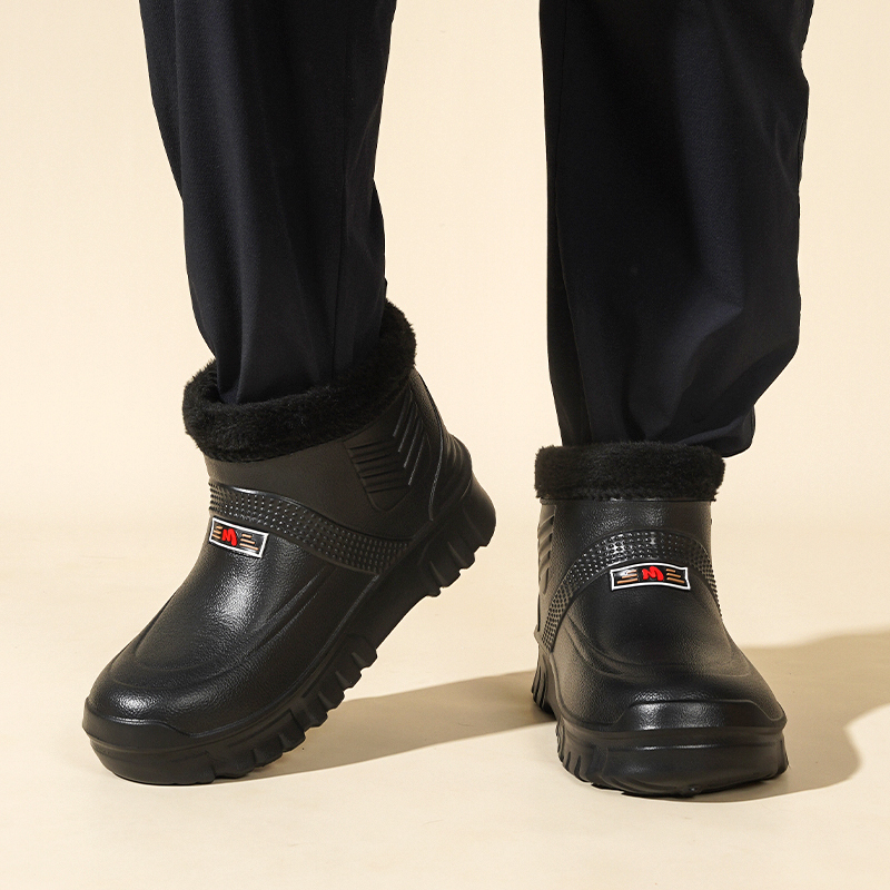 Winter fleece-lined men's and women's snow boots, warm cotton boots, waterproof rain boots for laundry, car washing, kitchen hygiene, and kitchen work shoes