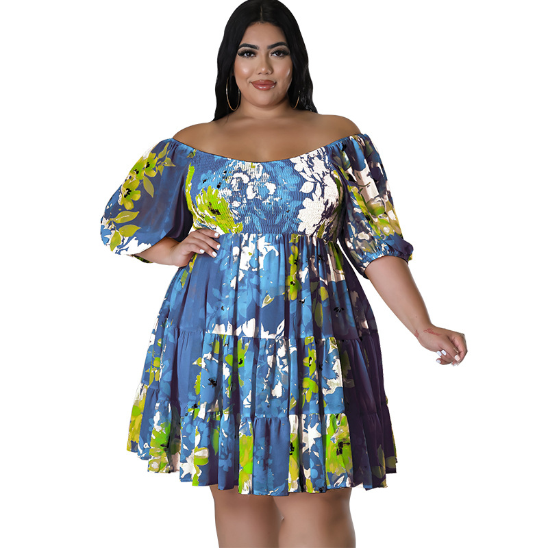 Plus Size Off Shoulder Floral Dress With Puff Sleeves, Flowy Swing Midi Dress For Women_ecoleips.com