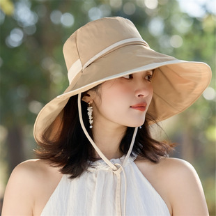 Korean Style Summer New Style Tether Fisherman Hat Simple Fashion Beach Sun Hat Women's High-end Sunscreen Hat Women's Large Edge