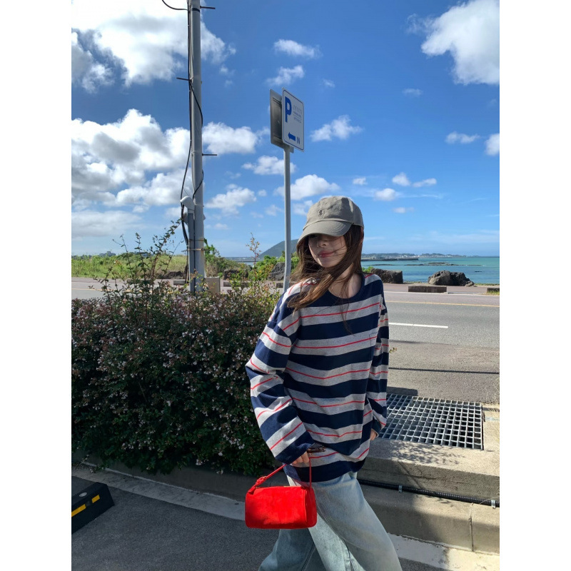 Miu Series Fashionable Retro Lazy Stripesd Round Neck Long-Sleeved T-Shirt Women's Autumn Loose Top Casual and Versatile Miu Series Fashionable Retro Lazy Stripesd Round Neck Long-Sleeved T-Shirt Women's Autumn Loose Top Casual and Versatile